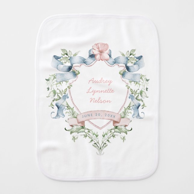 Blue and Pink Grandmillennial Ribbon Crest  Baby Burp Cloth (Front)