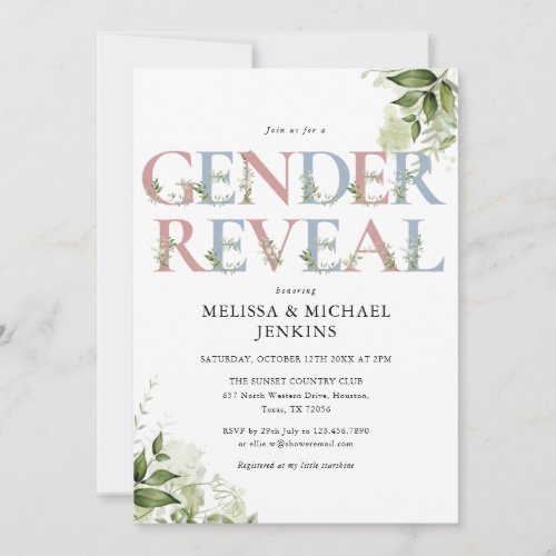 Blue And Pink Greenery Letter Gender Reveal Party Invitation