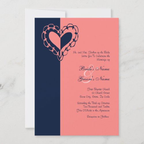 Blue and Pink Heart Wedding Invitation