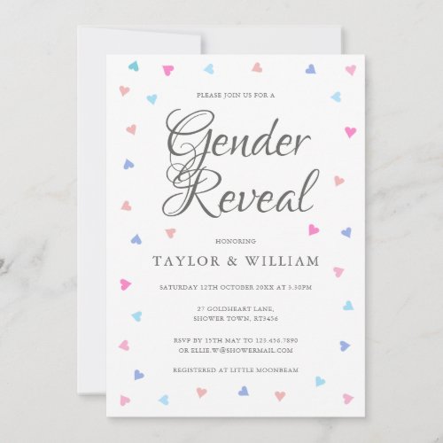 Blue And Pink Hearts Gender Reveal Party Invitation