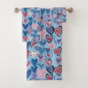 Blue and Pink Hearts Watercolor Hand Drawn Bath Towel Set