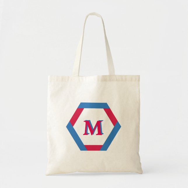 Blue and Pink Hexa Round Custom Monogram Tote Bag (Front)