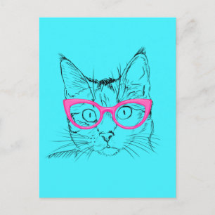 Blue and Pink Hipster Cat Postcard