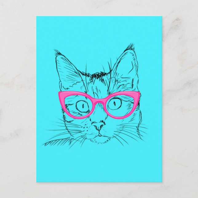 Blue and Pink Hipster Cat Postcard (Front)