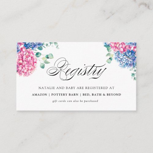 Blue and Pink Hydrangea Baby Shower Registry Enclosure Card