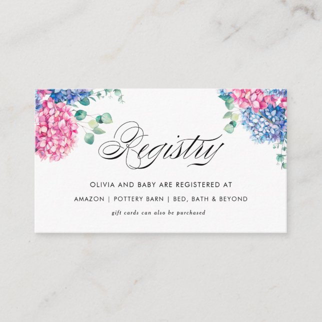 Blue and Pink Hydrangea Baby Shower Registry Enclosure Card (Front)