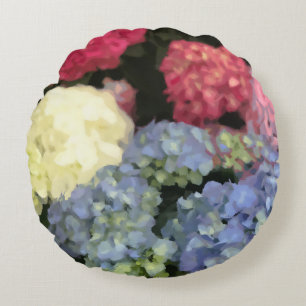 Blue and Pink Hydrangea Digital Flower Painting Round Pillow