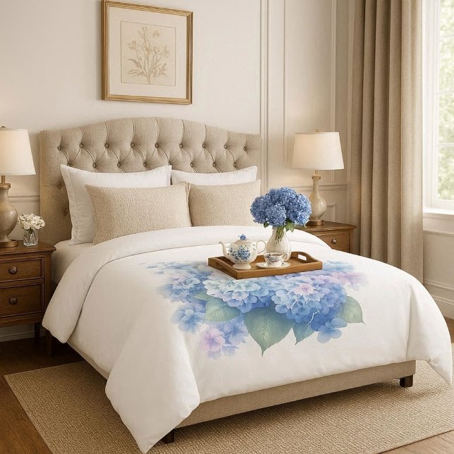 Blue and Pink Hydrangea Floral  Duvet Cover (Create a luxurious guest bedroom with watercolor hydrangea botanical duvet cover)