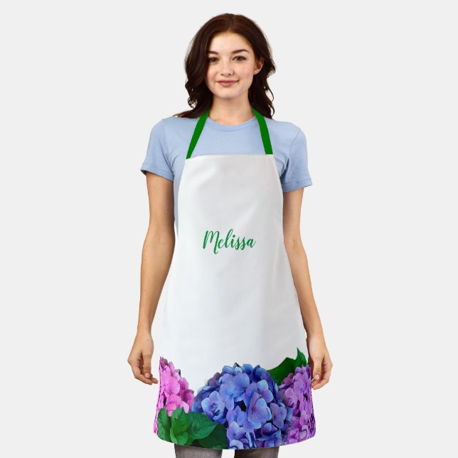 Blue and Pink Hydrangea Floral Personalized Apron (Worn)