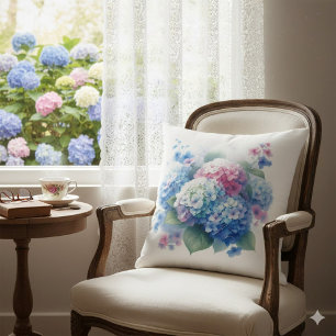 Blue and Pink Hydrangea Floral  Throw Pillow