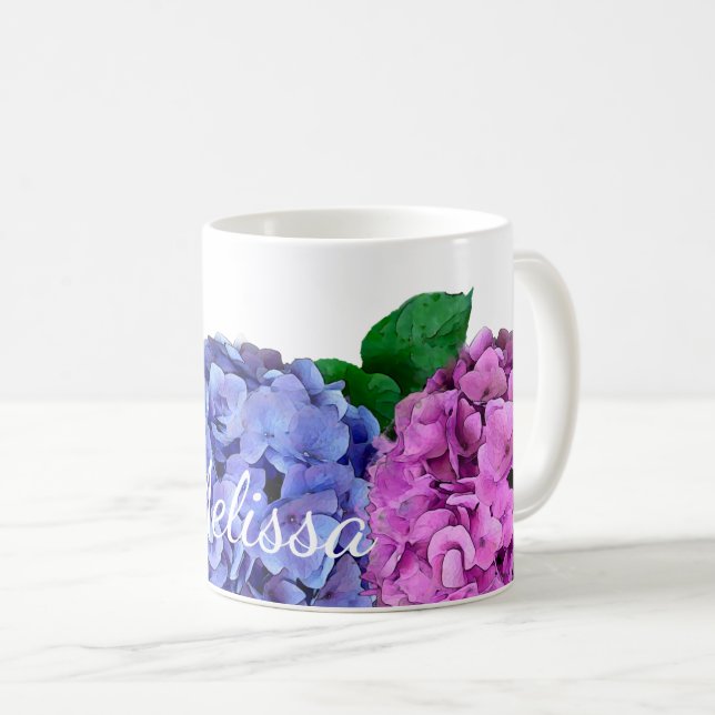 Blue and Pink Hydrangea Flowers Personalized Coffee Mug (Front Right)