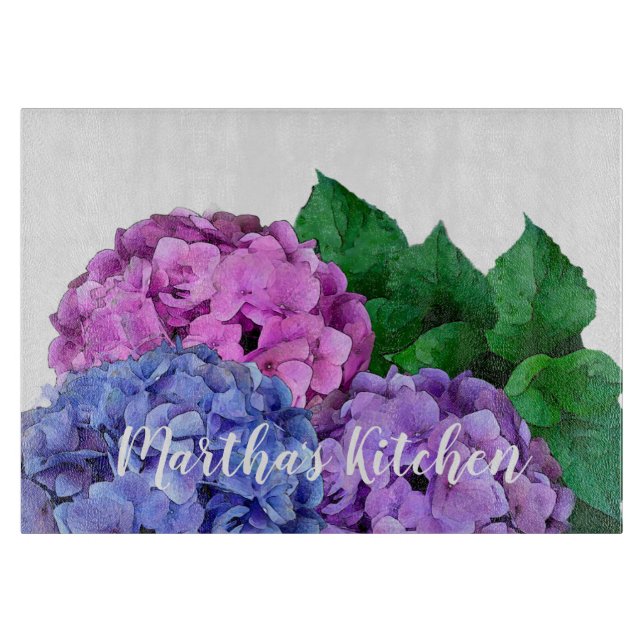 Blue and Pink Hydrangea Flowers Personalized  Cutting Board (Front)