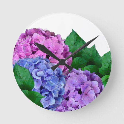 Blue and Pink Hydrangea Flowers  Round Clock