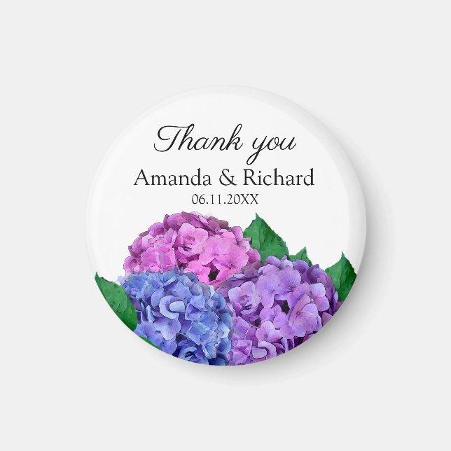 Blue and Pink Hydrangea Flowers Thank You Wedding  Magnet (Front)
