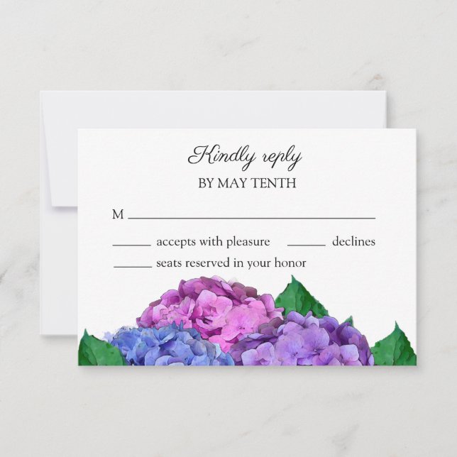 Blue And Pink Hydrangea Flowers Wedding RSVP Card (Front)