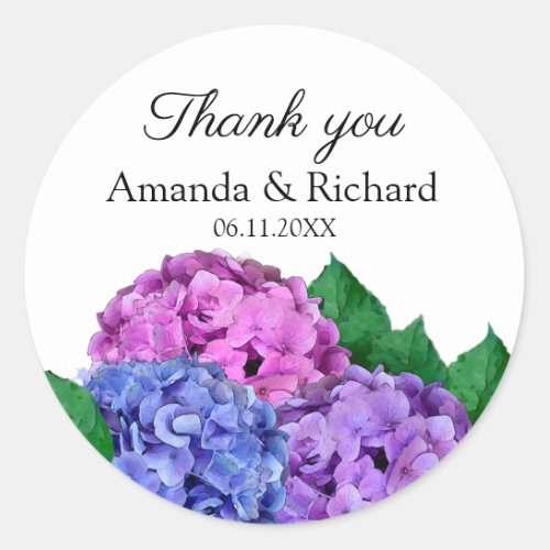 Blue and Pink Hydrangea Flowers Wedding Thank You Classic Round Sticker