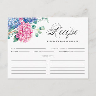 Blue and Pink Hydrangeas Bridal Shower Recipe Card