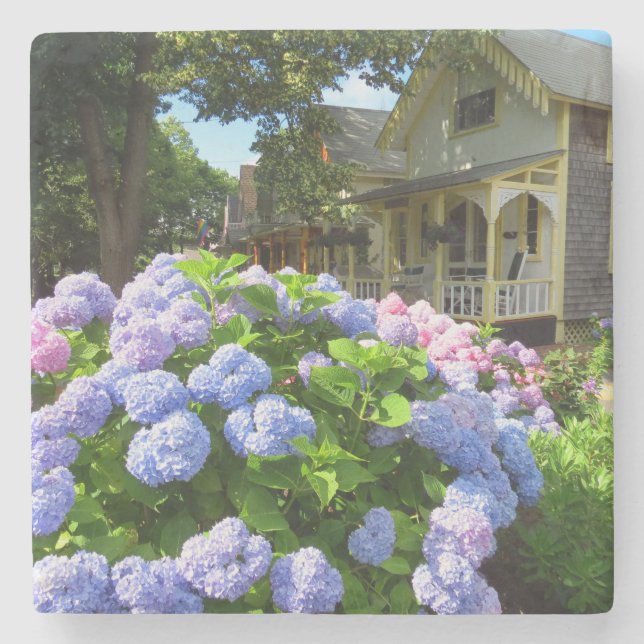 Blue and Pink Hydrangeas - Martha's Vineyard Stone Coaster (Front)