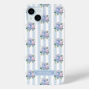 Blue and Pink Hydrangeas Monogrammed iPhone 15 Plus Case