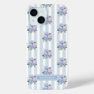 Blue and Pink Hydrangeas Monogrammed iPhone 15 Case