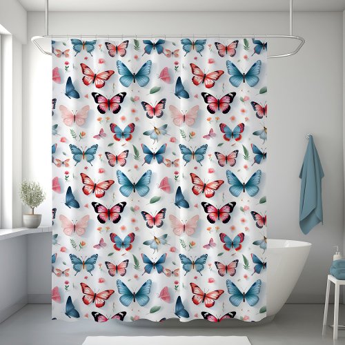 Blue and pink illustrative Butterflies Shower Curtain