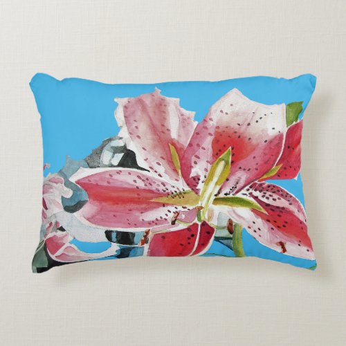 Blue and Pink Lily Lillies Watercolor Cushion