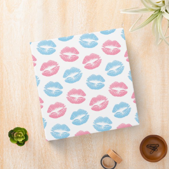 Blue and Pink Lips Pattern, Lipstick, Kiss 3 Ring Binder (In Situ)
