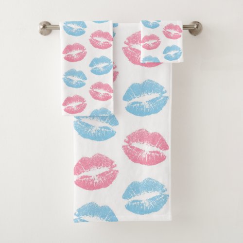 Blue and Pink Lips Pattern Lipstick Kiss Bath Towel Set