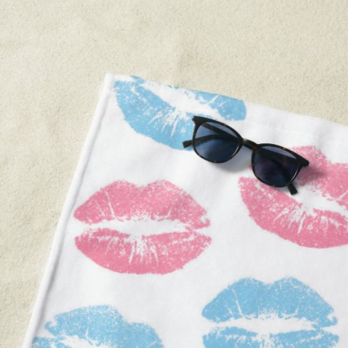 Blue and Pink Lips Pattern Lipstick Kiss Beach Towel