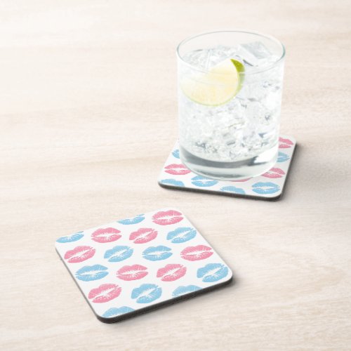 Blue and Pink Lips Pattern Lipstick Kiss Beverage Coaster