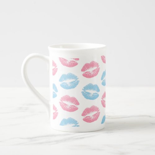 Blue and Pink Lips Pattern Lipstick Kiss Bone China Mug