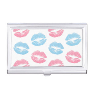 Blue and Pink Lips Pattern, Lipstick, Kiss Business Card Case