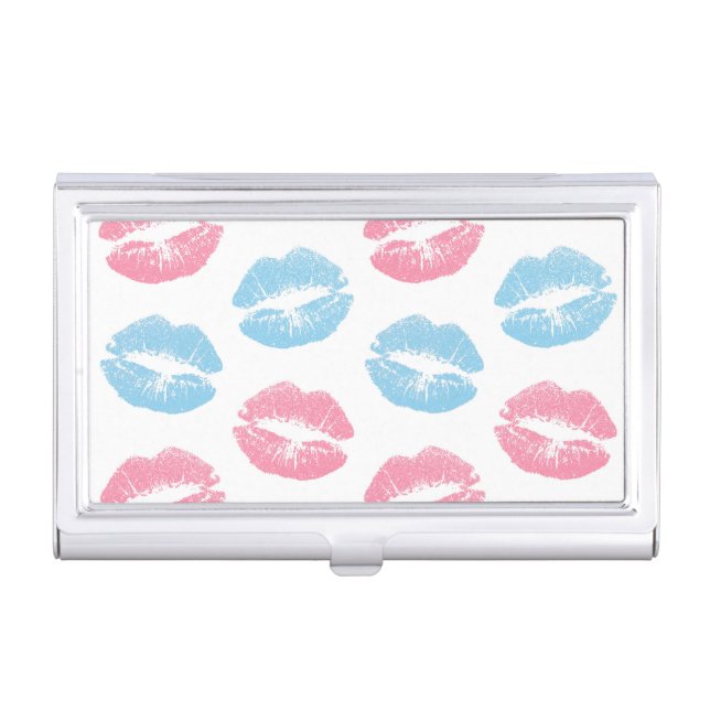 Blue and Pink Lips Pattern, Lipstick, Kiss Business Card Case (Front)