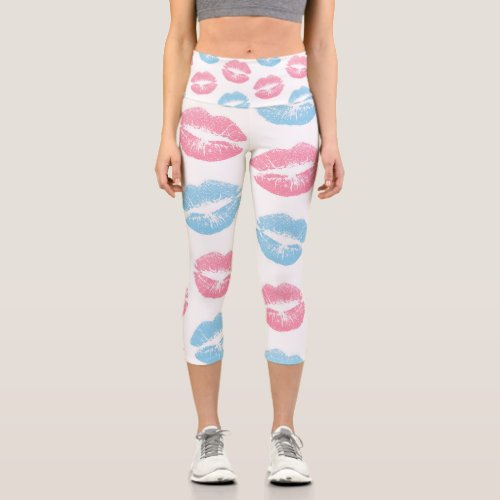 Blue and Pink Lips Pattern Lipstick Kiss Capri Leggings