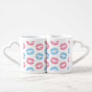 Blue and Pink Lips Pattern, Lipstick, Kiss Coffee Mug Set