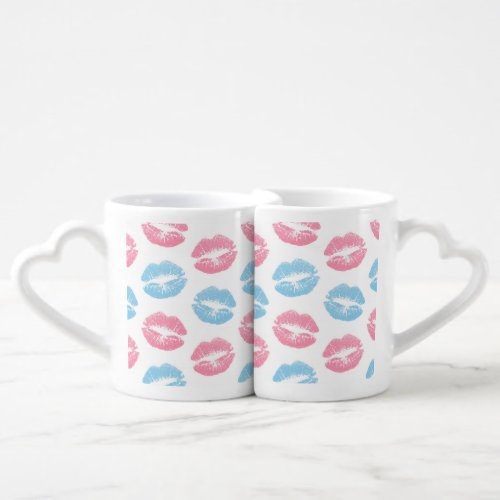 Blue and Pink Lips Pattern Lipstick Kiss Coffee Mug Set