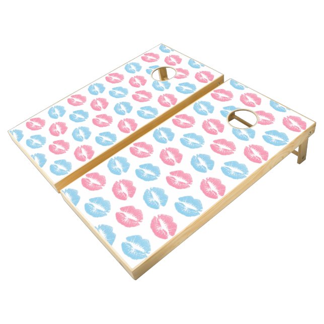 Blue and Pink Lips Pattern, Lipstick, Kiss Cornhole Set (Angled)