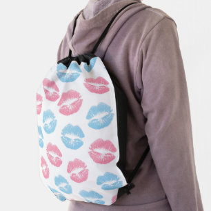 Blue and Pink Lips Pattern, Lipstick, Kiss Drawstring Bag