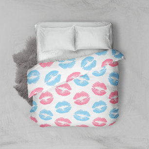 Blue and Pink Lips Pattern, Lipstick, Kiss Duvet Cover
