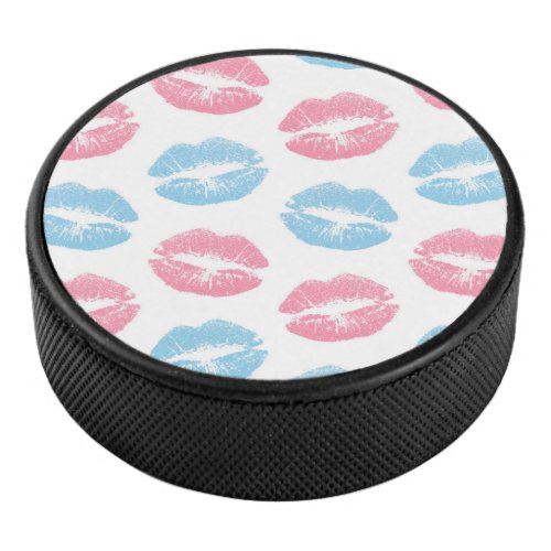 Blue and Pink Lips Pattern Lipstick Kiss Hockey Puck