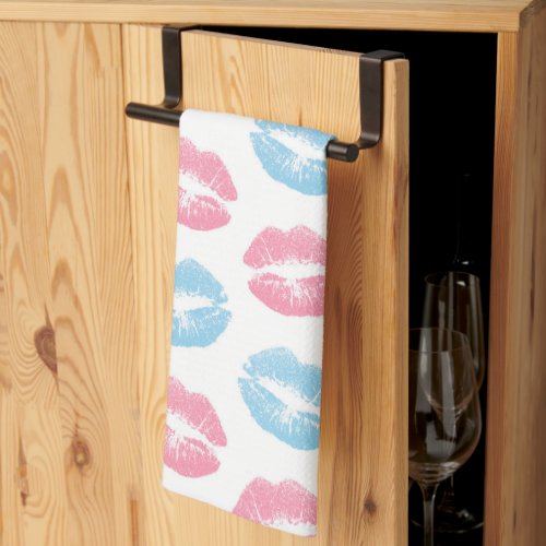Blue and Pink Lips Pattern Lipstick Kiss Kitchen Towel