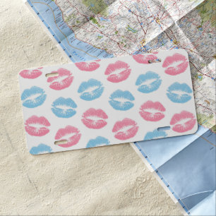Blue and Pink Lips Pattern, Lipstick, Kiss License Plate