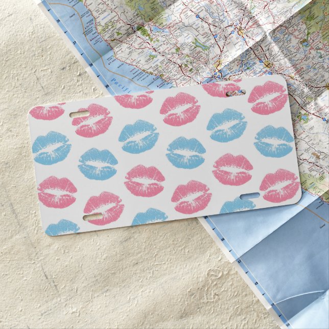 Blue and Pink Lips Pattern, Lipstick, Kiss License Plate (In Situ)