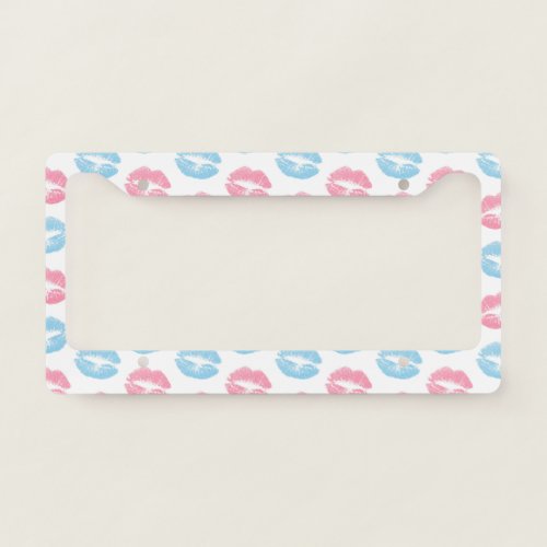 Blue and Pink Lips Pattern Lipstick Kiss License Plate Frame