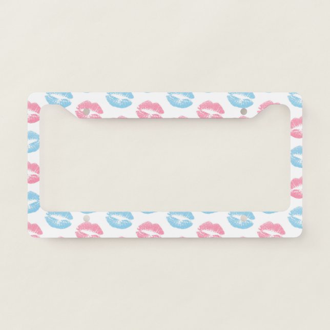 Blue and Pink Lips Pattern, Lipstick, Kiss License Plate Frame (Front)