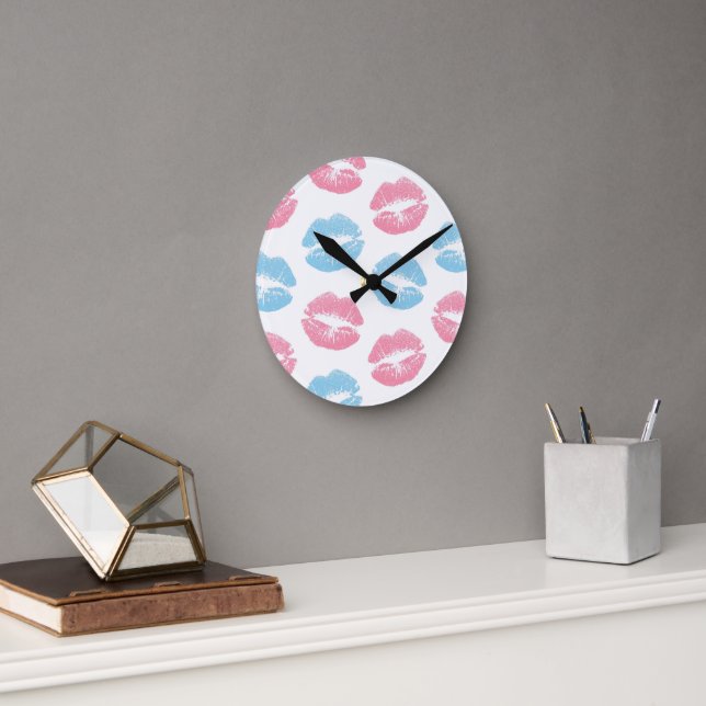 Blue and Pink Lips Pattern, Lipstick, Kiss Round Clock (Office)
