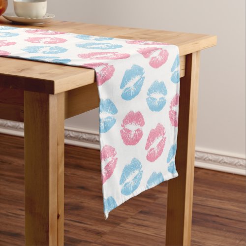 Blue and Pink Lips Pattern Lipstick Kiss Short Table Runner