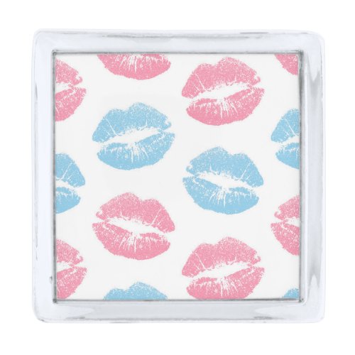 Blue and Pink Lips Pattern Lipstick Kiss Silver Finish Lapel Pin