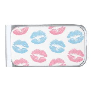Blue and Pink Lips Pattern, Lipstick, Kiss Silver Finish Money Clip