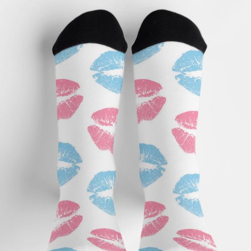 Blue and Pink Lips Pattern Lipstick Kiss Socks
